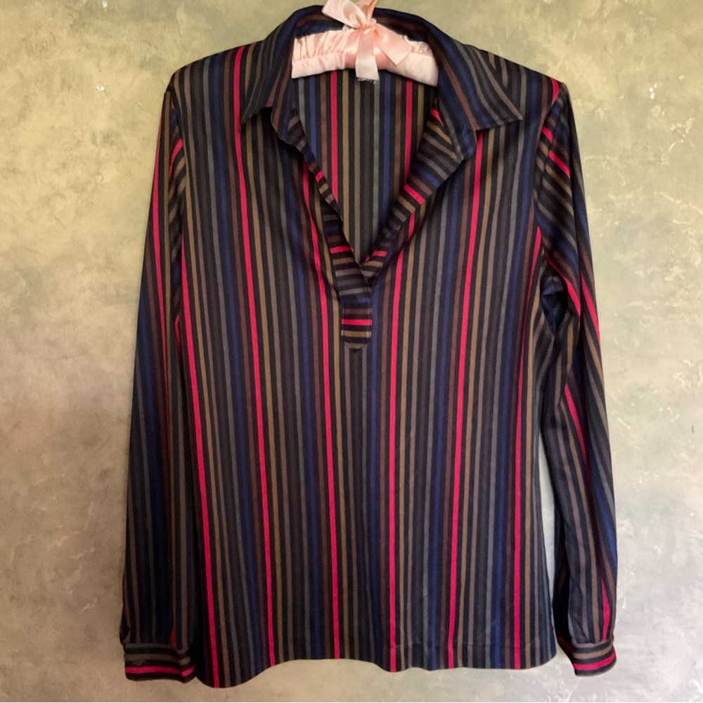 Vintage 70s Technicolor Stripe Johnny Collar Top